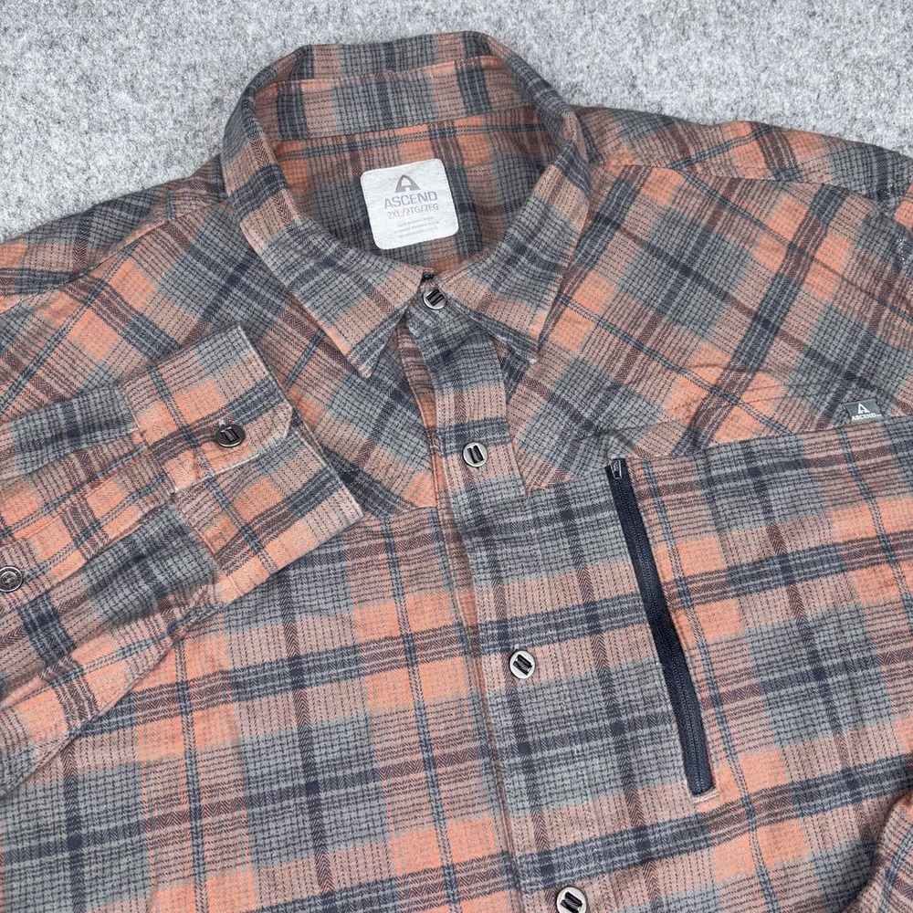Ascend Flannel Shirt Men's‎ 2XL Gray Orange Plaid Stretch Hiking Outdoor Pocket